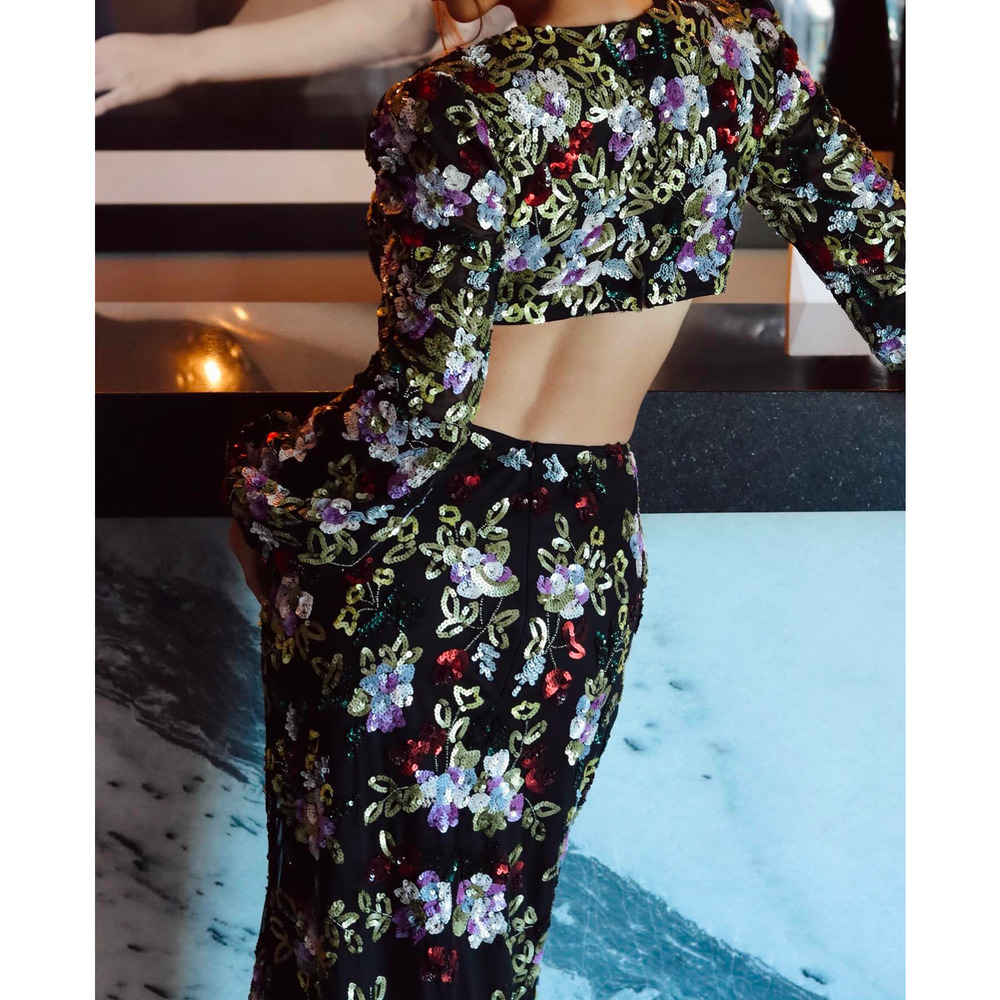 Mac Duggal Floral Sequin Cutout Gown Size 10 – Black Multicolor Long Dress NWT - Picture 3 of 7